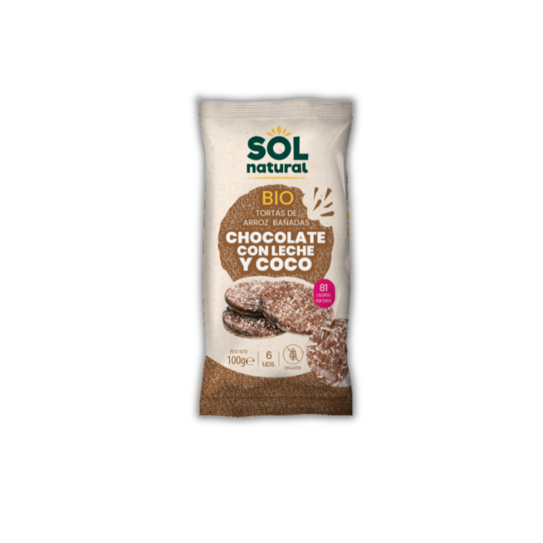 Tortas de Arroz Bañadas en Chocolate con Leche y Coco, 6 unidades - Sol Natural