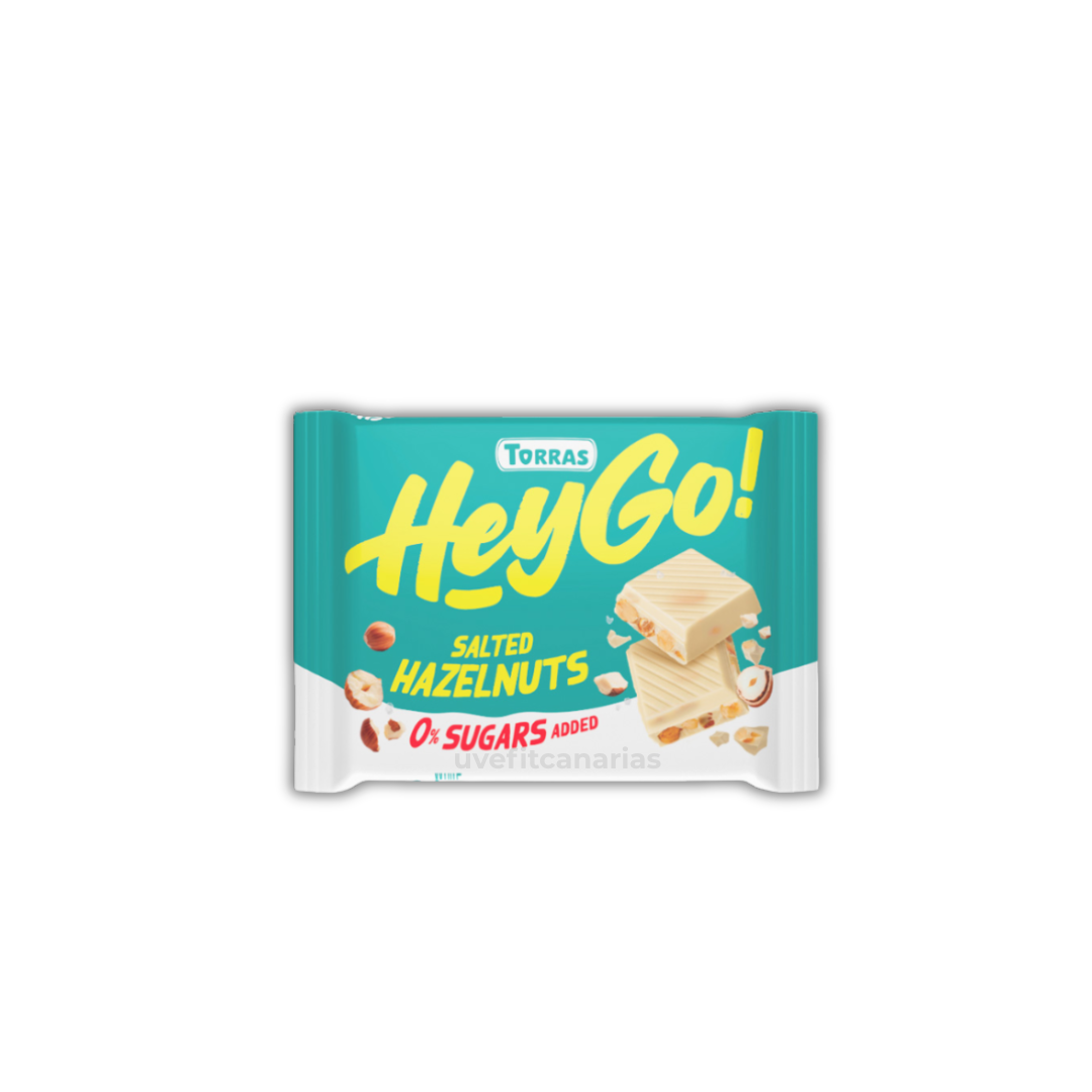 HEY GO, Chocolate blanco sin azúcar con avellanas y sal, 60 gr - Torras