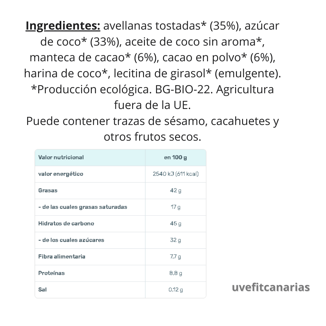Ingredientes Crema de chocolate y avellanas Bio, 250gr - Bett´r
