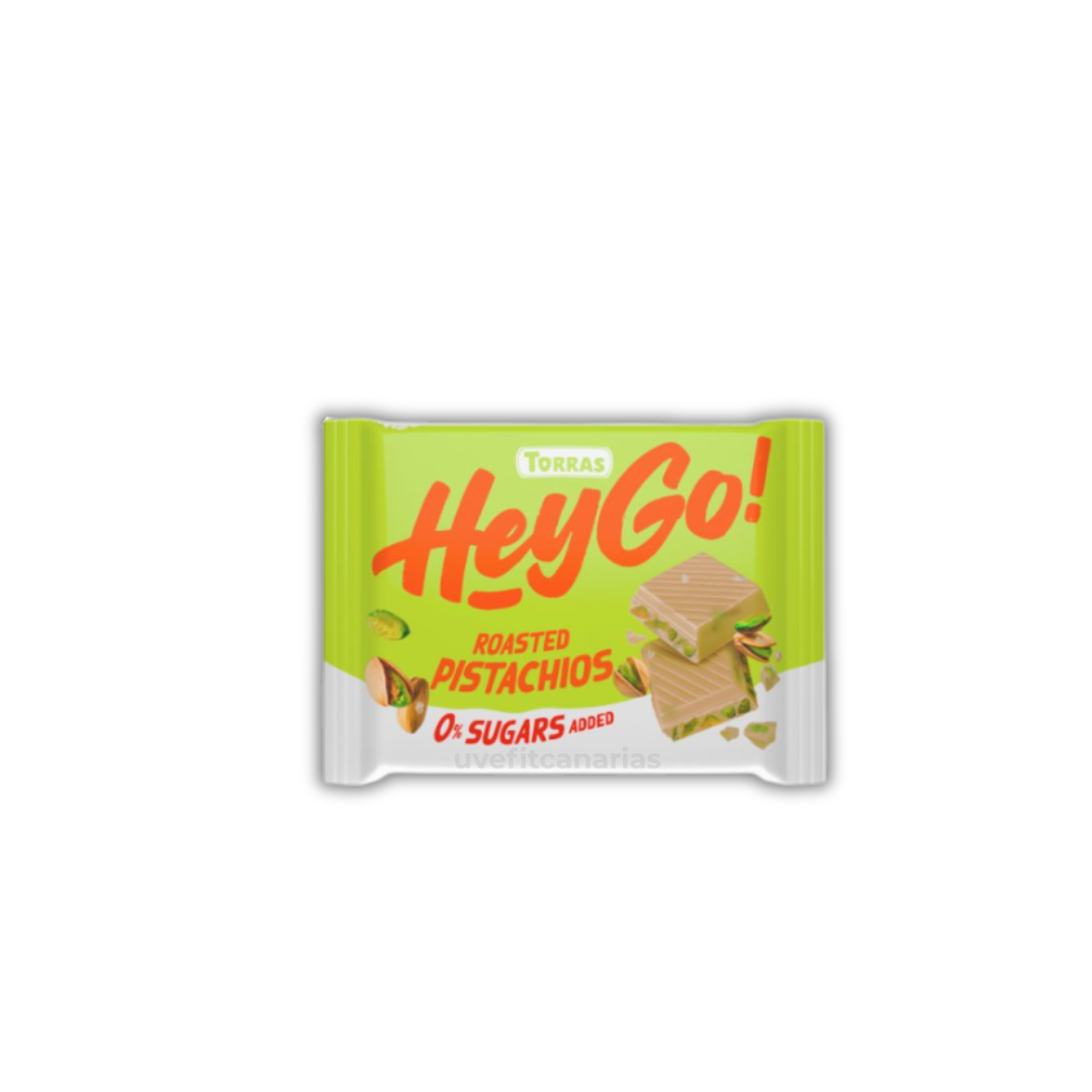 HEY GO, Chocolate blanco sin azúcar con pistacho, 60 gr - Torras